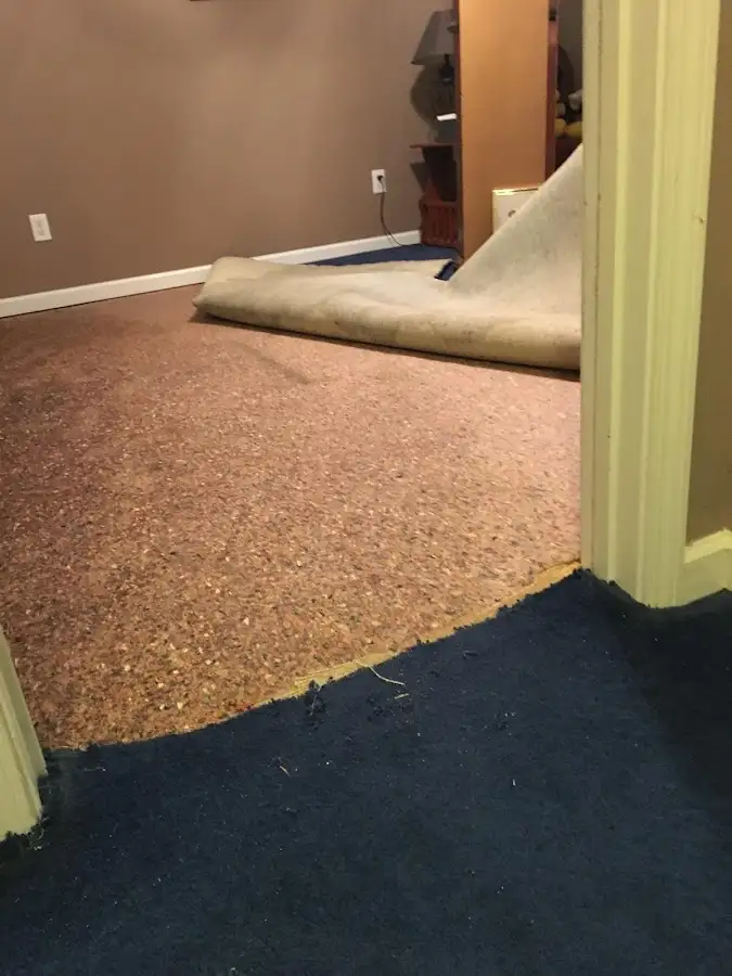 Carpet pad removal revealing water damage during Drying & Dehumidification in Huntington